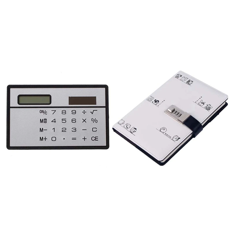 

1 Pcs Solar Power Credit Card Sized Pocket Calculator & 1 Pcs With Lock Planner Refill Journal Agenda Password Book