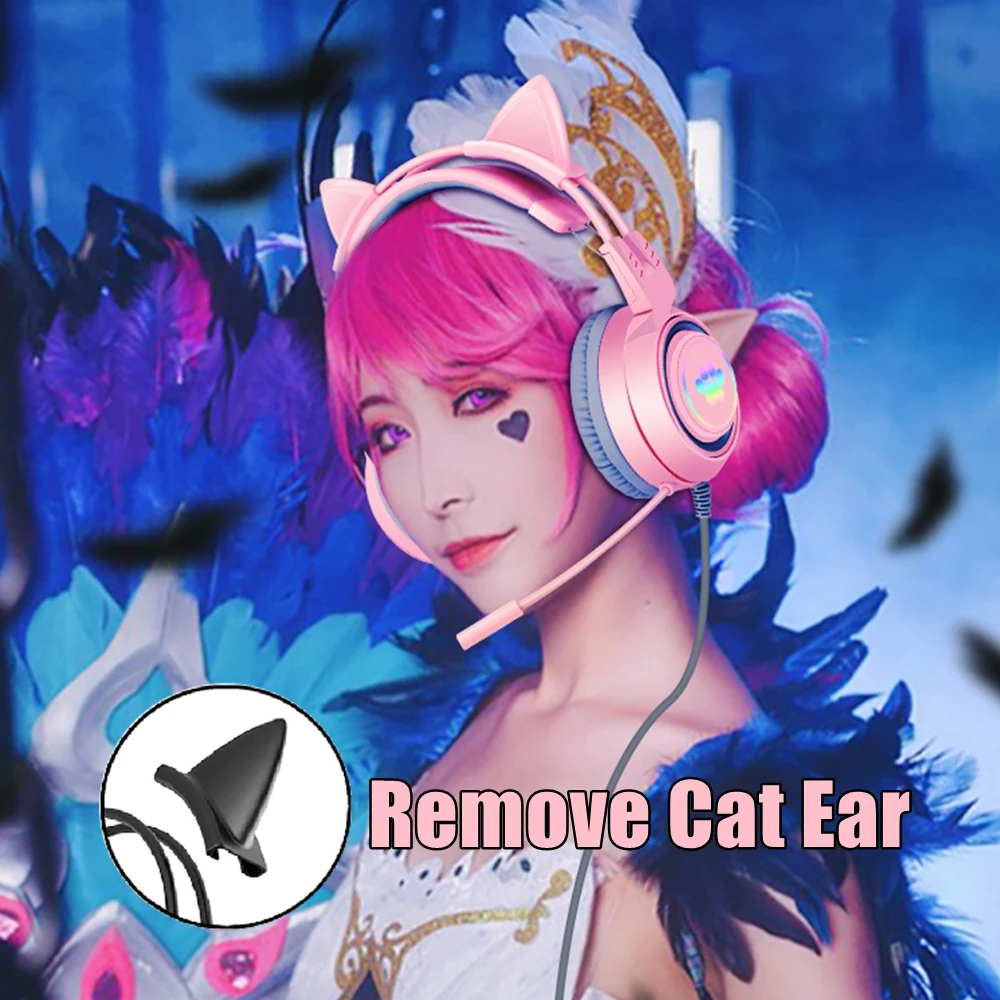 Игровые наушники Pink Girls Cat с микрофоном для ноутбука RGB LED шумоподавлением Стерео