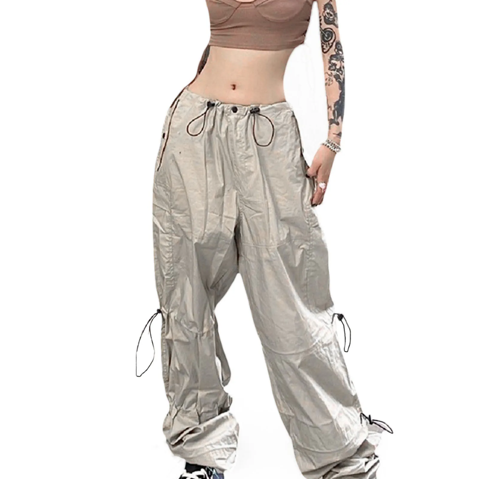 

Women Wide-leg Cargo Pants, Adults Loose Solid Color Drawstring Trousers with Pockets