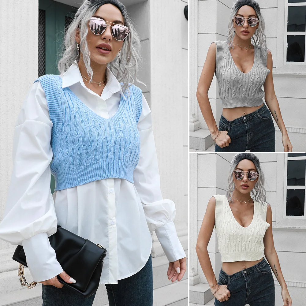 

Autumn and Winter New Twist V-neck Short Vest Sweater Women's Short Waistcoat Outside Wear Inside A Knitted Sweaters Pullover