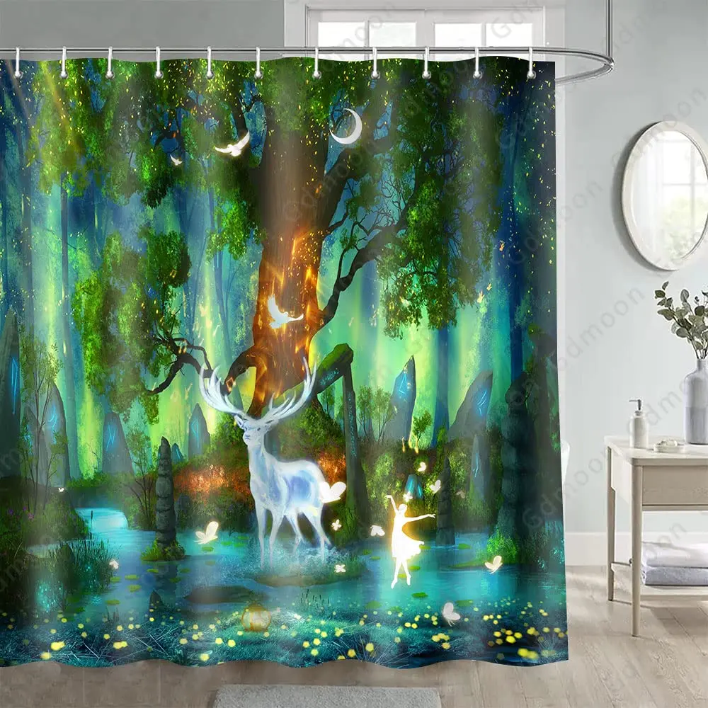 

Forest Shower Curtain Elf Garden Deer Moon Jungle Magic Tree Abstract Fantasy Fairy Tale Plants Nature Landscape Bathroom Decor
