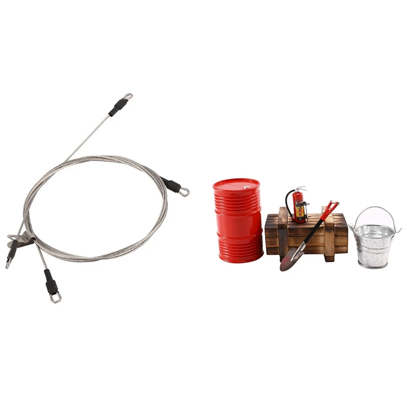 

1X Steel Rope For 1/10 Rc Crawler Traxxas Trx-4 Trx4 Axial Scx10 & 5PCS Car Simulation Fire Extinguisher Oil Drum Shovel