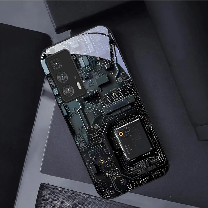 Чехол для телефона из черного стекла с текстурой печатной платы для Motorola Moto Edge 20 Lite 30 Pro 40 Neo 50 Ultra G14 G22 G24Power G35. (art.: 3920dcc607b2b) - 3920dcc607b2b