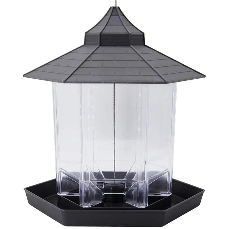 

New Panorama Bird Feeder, Hexagon Shaped With Roof Hanging Bird Feeder For Garden Yard Decoration (Grey)