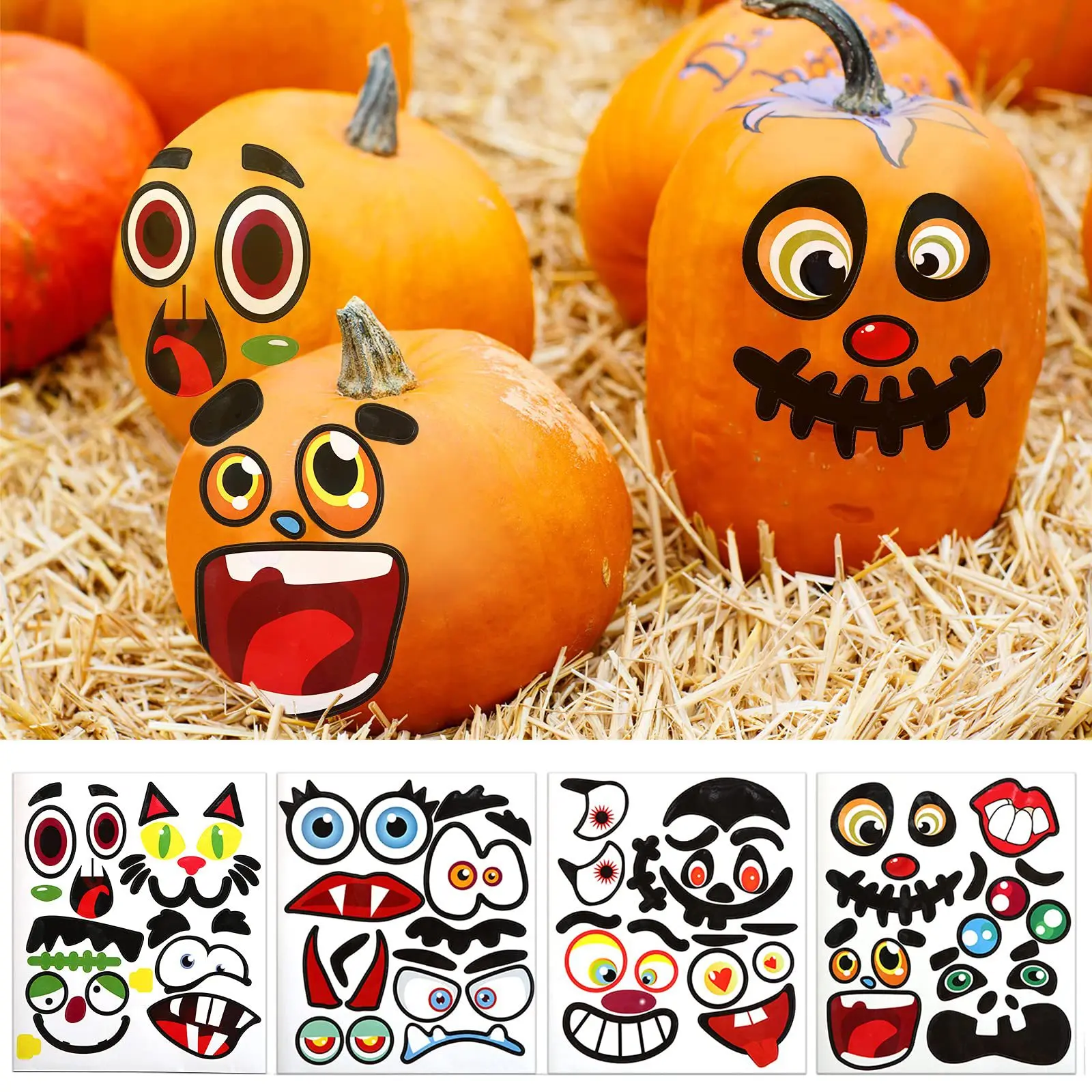 

16/8 Sheets Halloween Stickers Expression Pumpkin Decorative DIY Sticker Ghost Face Self-adhesive Sticker Halloween Party Decor