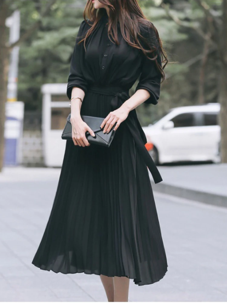 Купи Elegant Chiffon Long Sleeve Shirt Dress Women Belt Lace Up A-line Pleated Maxi Dress Korean Fashion 2022 Fall Clothes Streetwear за 1,294 рублей в магазине AliExpress