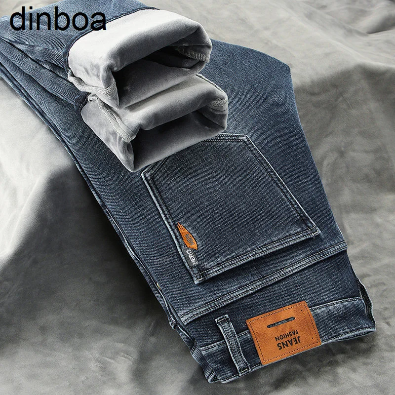 

2022winter New Men Fleece Y2k Pants Business Casual Stretch Slim Fit Denim Cowboy Student Trousers Male Classic Thick Warm Pants