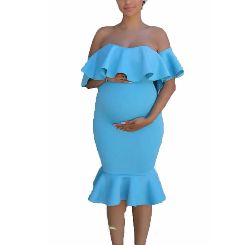 Maternity Dresses Photo Shoot Women's Stretch Maternity Ruffle Neck Trailing Long Dress Photography Props Pregnant Clothes S-XL enlarge