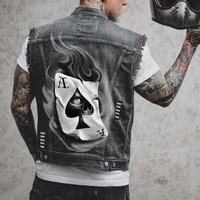 mens spring and summer new hot selling street rock hip hop playing cards personality skull print sleeveless vest denim jacket