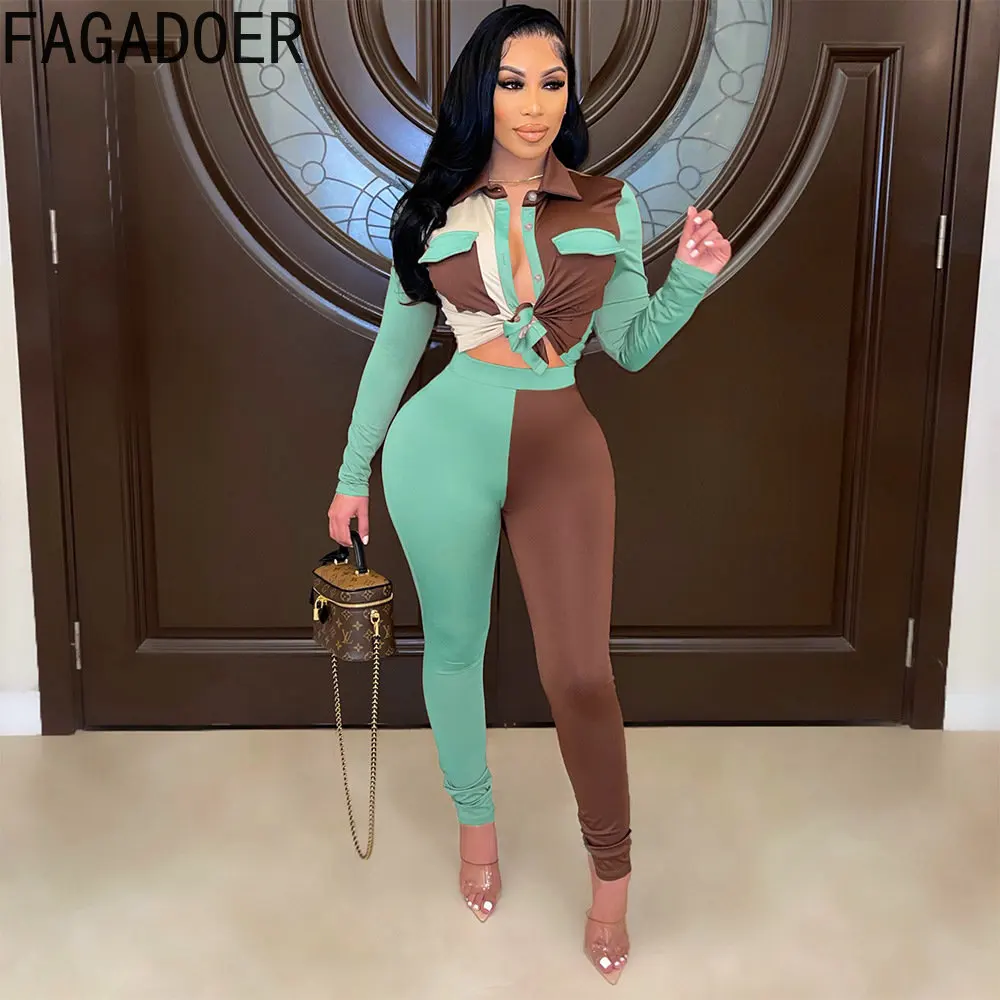 

FAGADOER Fashion Color Splicing Two Piece Sets Fall Women Outfits Casual Turndown Collar Button Top And Skinny Pants Tracksuits