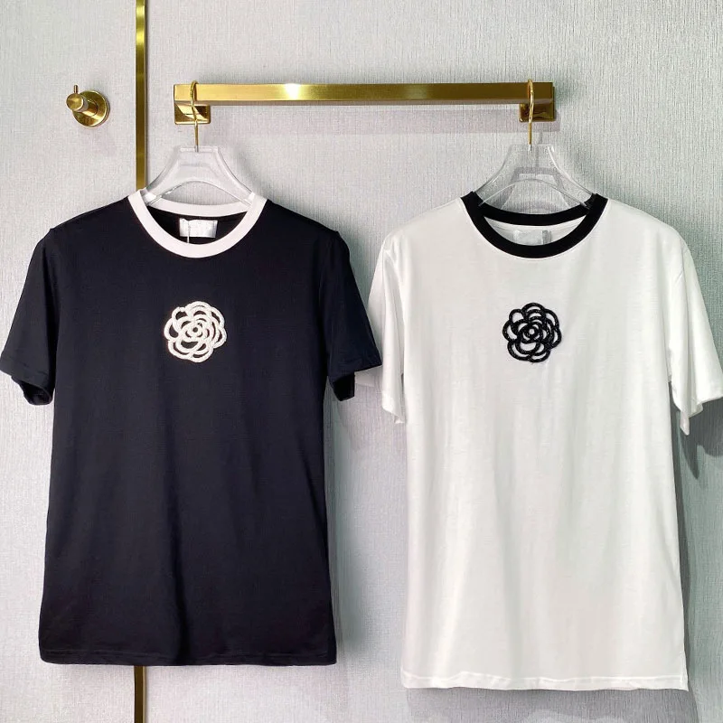 

2022 Summer Fashion Women's High Quality Sequins Beading Floral T-shirt B012
