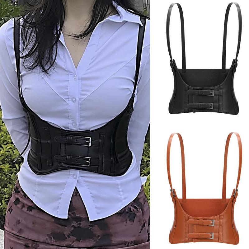 Women Fashion Faux Leather Waist Belt Wide Elastic Stretch Dress Belts Steampunk Underbust Corset Cincher Waistband Straps