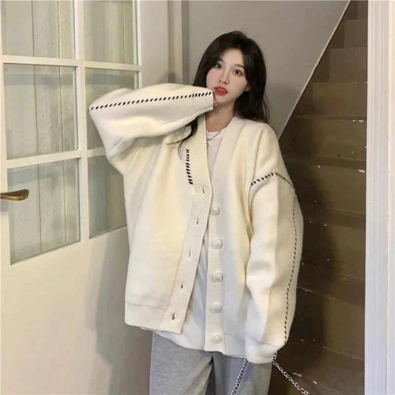 

Sweater Knitted Cardigan Women Oversized Contrast Loose Autumn Winter Coats Korean Fashion Long Sleeve Sweet Lady College Jacket