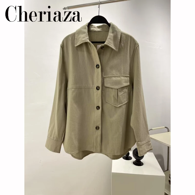 

Cheriaza Autumn Woman Shirt Cotton Jacket Casual Long Sleeves Solid Color Asymmetrical Outerwear Vintage Coat Female Pocket Top