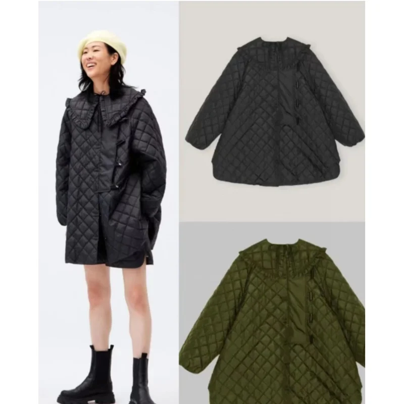 

23 year autumn/winter playful and age reducing quilted diamond grid doll collar ruffled loose fitting cotton jacket