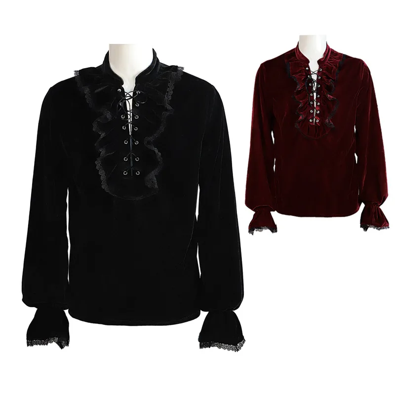 

Medieval Vintage Costume Gothic Shirt Unisex Flare Sleeves Ruffles Neckline Drawstring Halloween Party Evening Club Blouse Tops