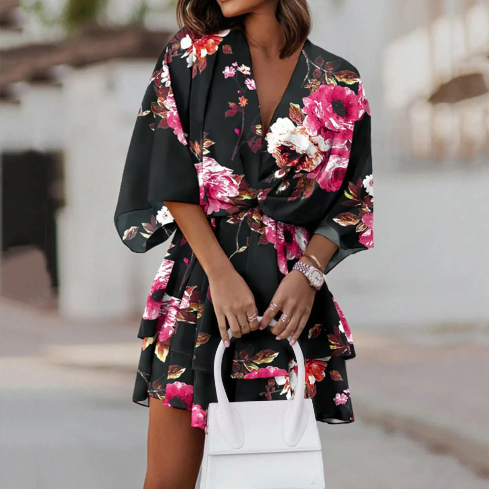 

Womens Short A Line Flare Dress Knot Front Long Sleeve V Neck Tiered Ruffle Swing Color Printed Mini Dresses Maxi Dresses Beach