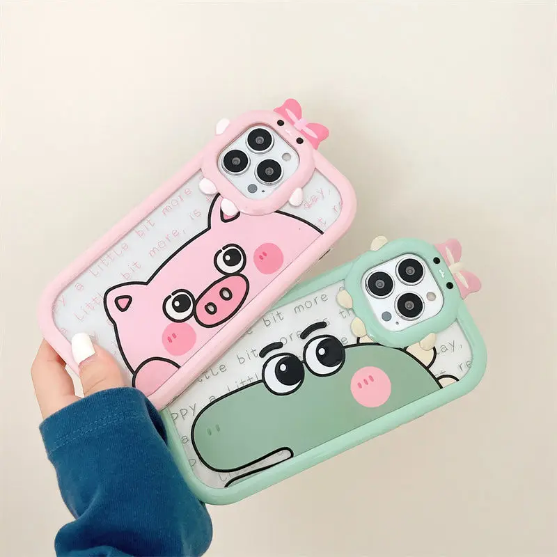 

Disney Cute Pink Pig Dinosaur 3D lovely Bow Phone Case For Iphone 11 12 13 Pro Xs Max Xr Silicone TPU shockproof Cover