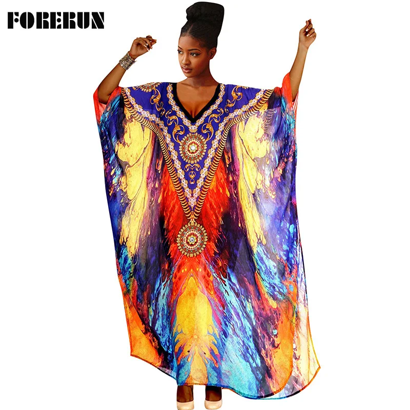 

FORERUN Kaftan Beach Long Dress Women Multicolor Oil Painting Bat Sleeve Vestido De Playa Swim Wear Cover Up