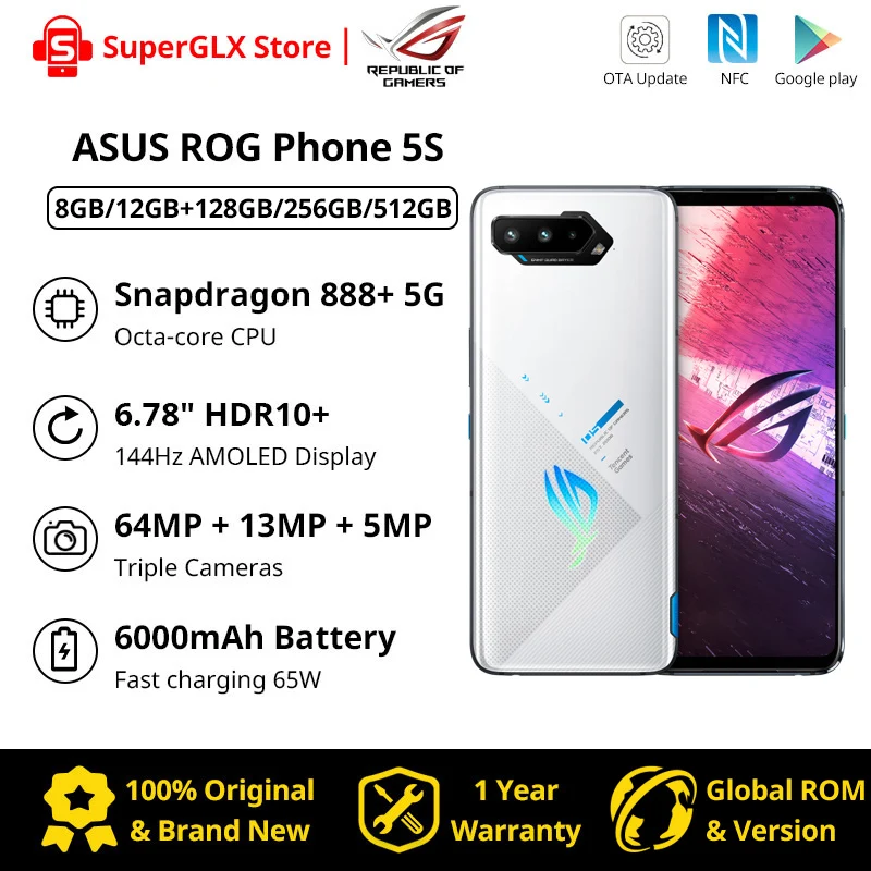 Original Asus ROG Phone 5S 5G Gaming Phone 6.78" 144Hz Display Snapdragon 888 Plus 6000mAh Fast Charging 65W ROG 5S Smartphone