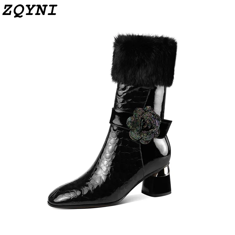 

ZQYNI Classic Women's Side Zipper Cowshoe Boots Thick High Heel Platform Boots Autumn and Winter Driving Boots