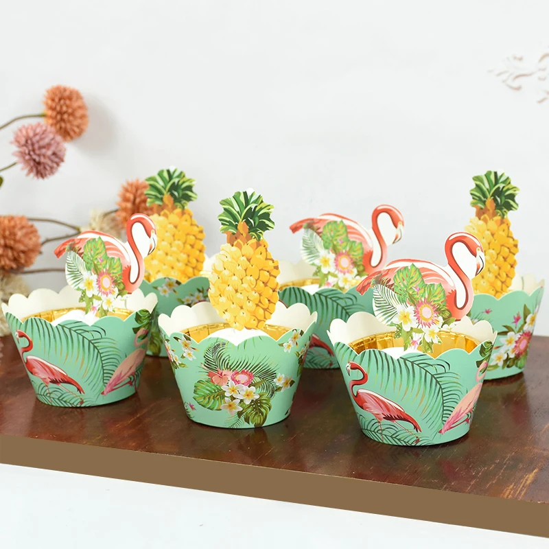 

12Pcs Hawaiian Cupcake Wrapping Paper With Cake Toppers Pineapple Flamingo Cake Decoration Summer Hawaii Party Wedding Decor