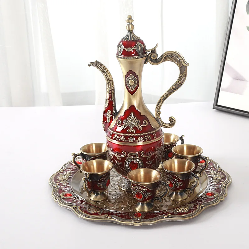 

European-Style Liquor Ware Set Household Bronze Wine Pot Embossed Film and Television Wine Set Golden Home Wine Glass Set