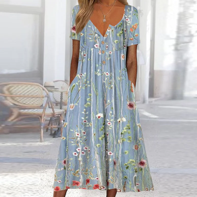 

Женское длинное платье на пуговицах, элегантное офисное платье с цветочным принтом и V-образным вырезом, повседневное пляжное платье с коро...