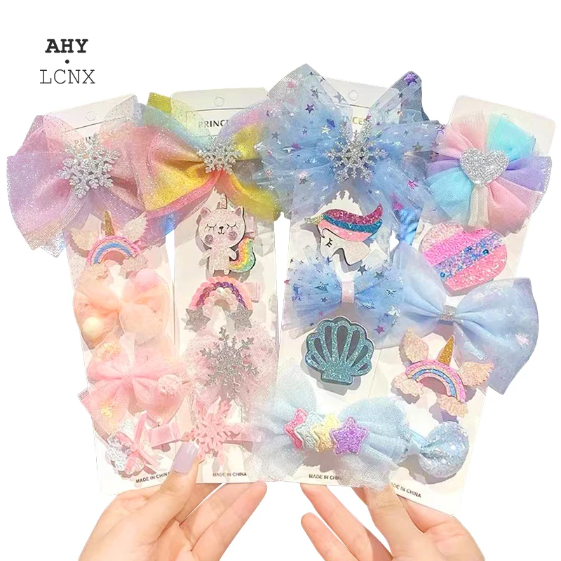 

New Young Girl Rainbow Decoration Hairpin Set Children Solid Color Mesh Bow with Star Snowflake Princess Accessories 5 Piece Set