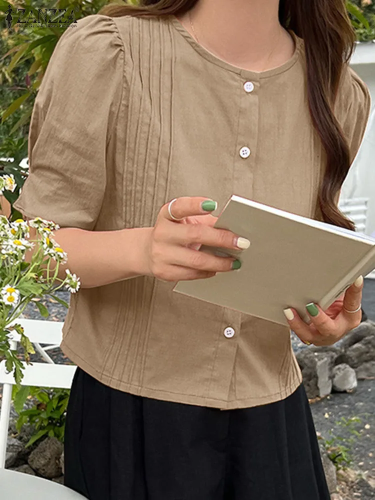 

2023 ZANZEA Femme Casual Streetwear Blouse Summer Fashion Short Sleeve Shirt Woman O-Neck Solid Blusas Elegant Button Tunic Tops