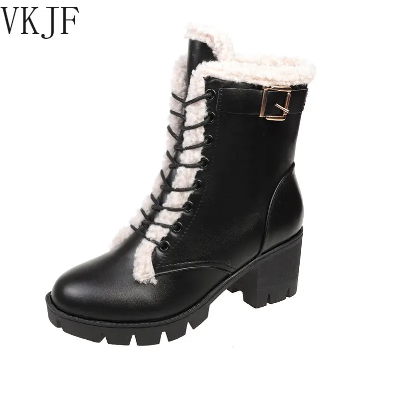 

New Style Leather Belt Buckle Martin Boots Winter Thick Soles Fashionable Front Lace Up Fur Mouth High Top Shoes Platform Boots