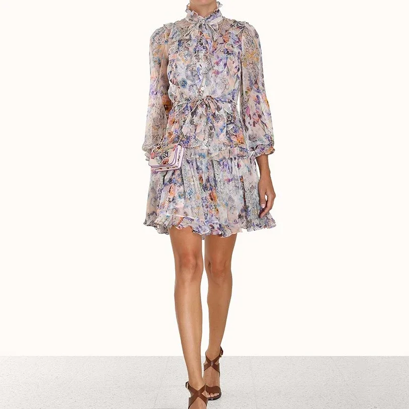 

2023 Top Quality Spring Summer Purple Floral Printing Frill Ruffle Self Tie Bow Neckline Mini Dresses Women