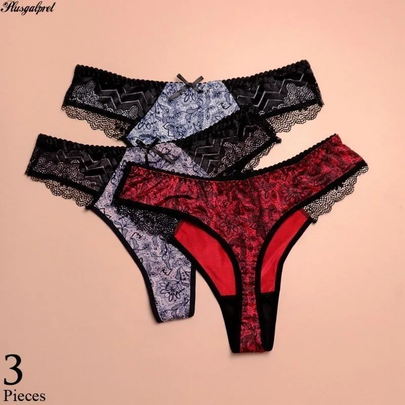 Plusgalpret 3PCS/lot Floral Print Thongs for women large size panties L-5XL sexy lace string for girls lace briefs elastic panty