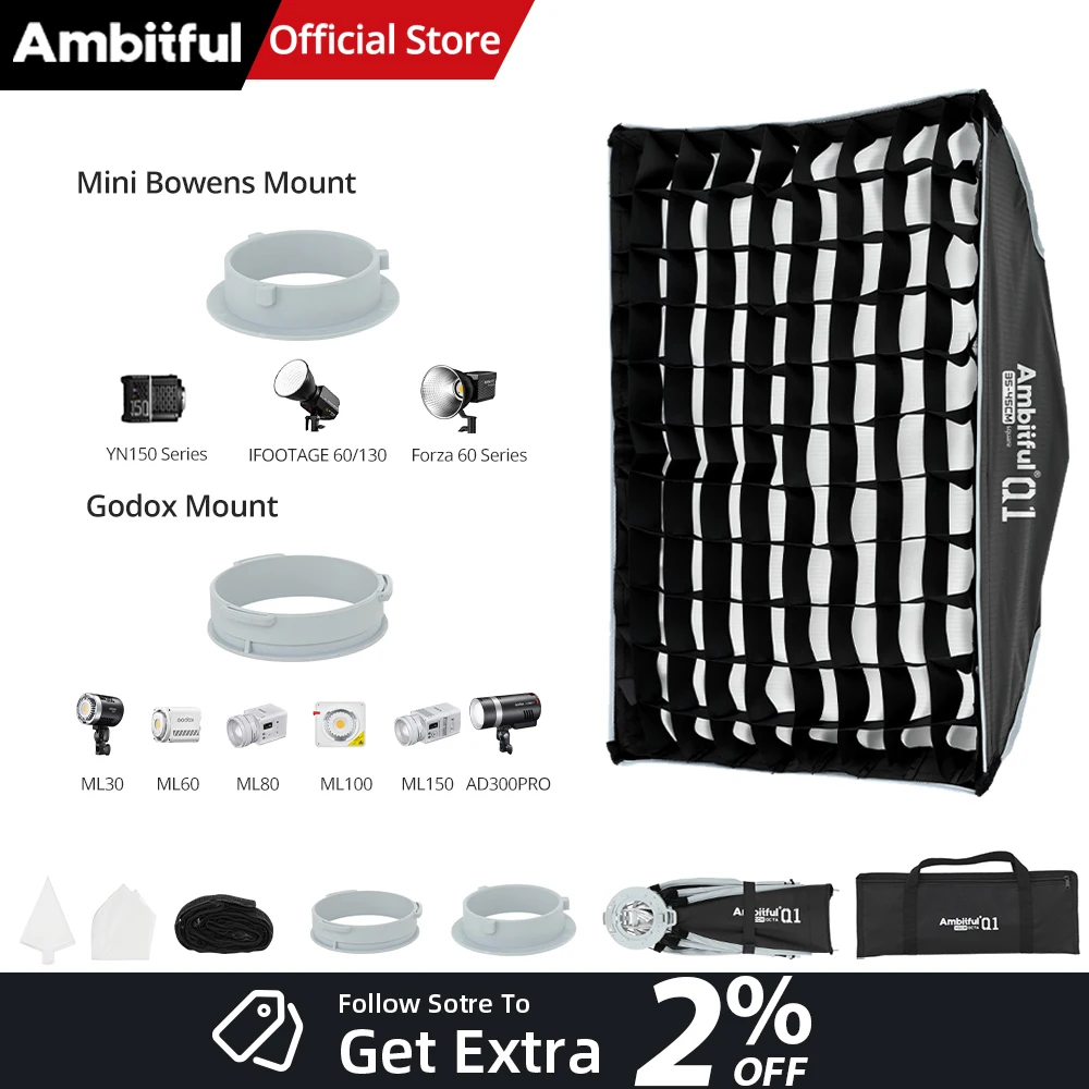 Фото Мини-софтбокс AMBITFUL Q1 35x45 см с креплением Bowens/GODOX, быстрая установка, с сеткой-гридом, для GODOX, Forza 60, Seres, YN150 ﻿ №1