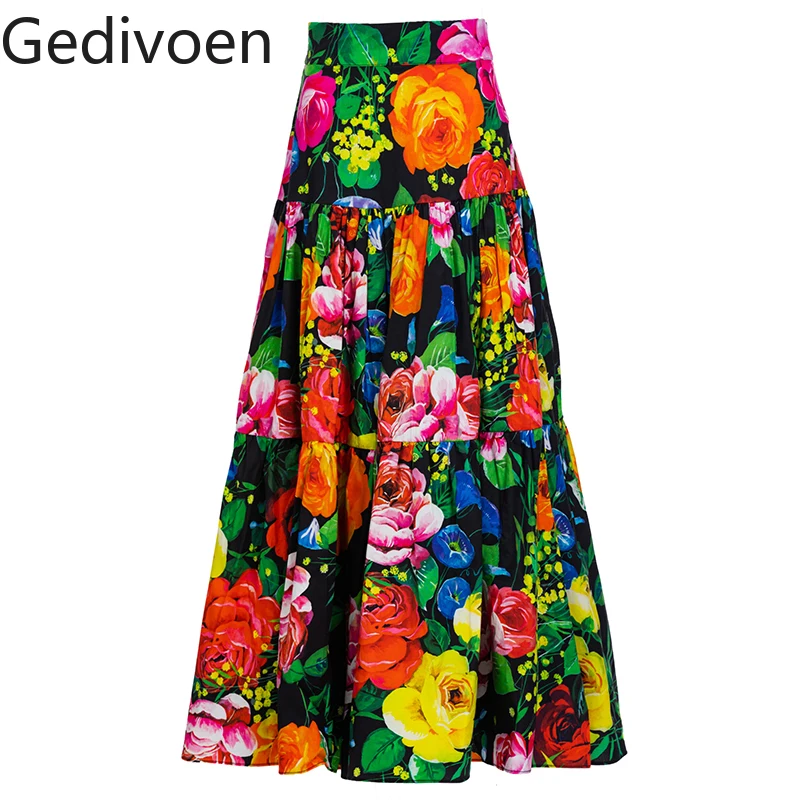 Gedivoen Fashion Runway Summer Elegant Skirts Women's High waist Bohemia Vacation Flowers Print Cotton Midi Skirt