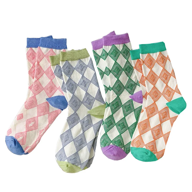 

Korean Style Women Socks Fashion Checkered Print Cotton Socks Autumn Winter Long Cycling Lady Brand Designer Kawaii Leg Warmers