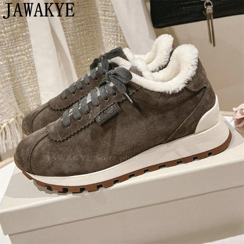 Женские кроссовки с шерстяной подкладкой круглым носком на шнуровке