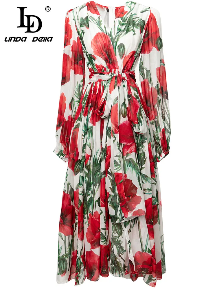 

LD LINDA DELLA 2023 Summer Vacation Runway Dress Women Lantern sleeve Belted Floral Print Elegant Party Midi Dresses