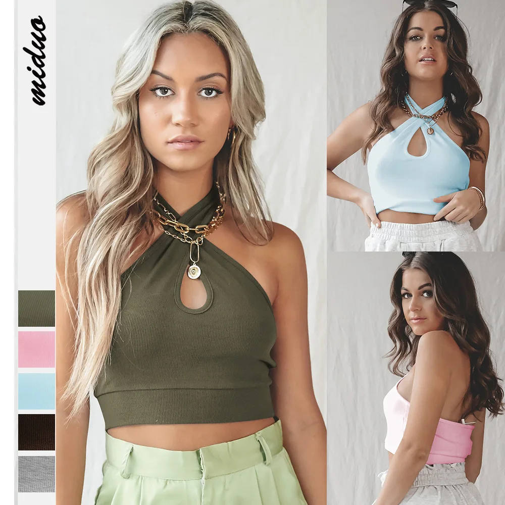 

Summer New Women's Wear Top Hanging Neck Sexy Super Short Vest Exposed Navel and Back Women's Wear Bottomed Slim Top