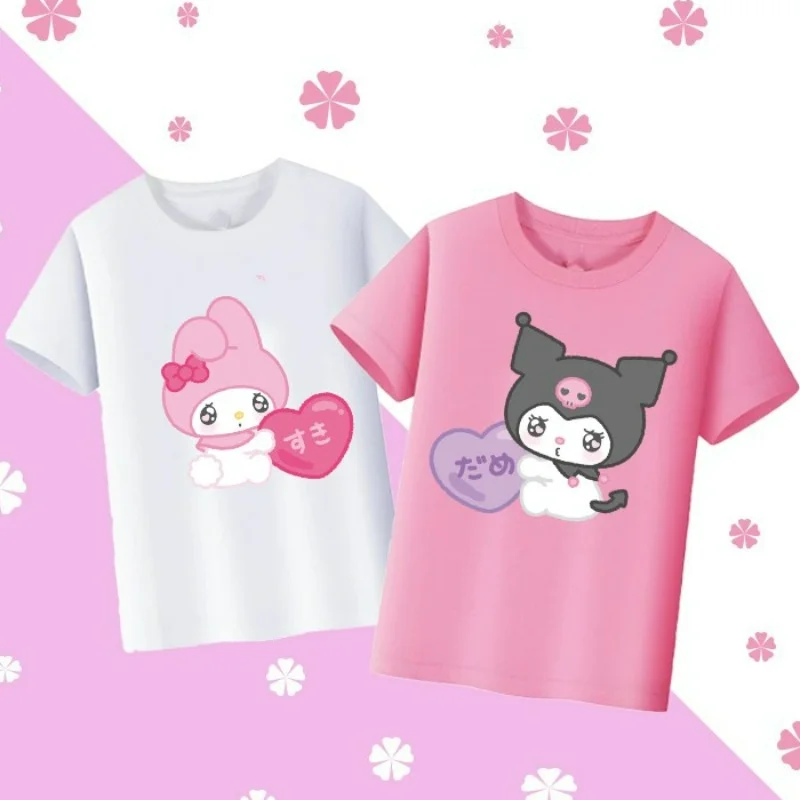 

Sanrio Anime Parent-child Short-sleeved Pure Cotton Hello Kitty Kuromi Couple Outfit High Quality Color T-shirt Kawaii Gift