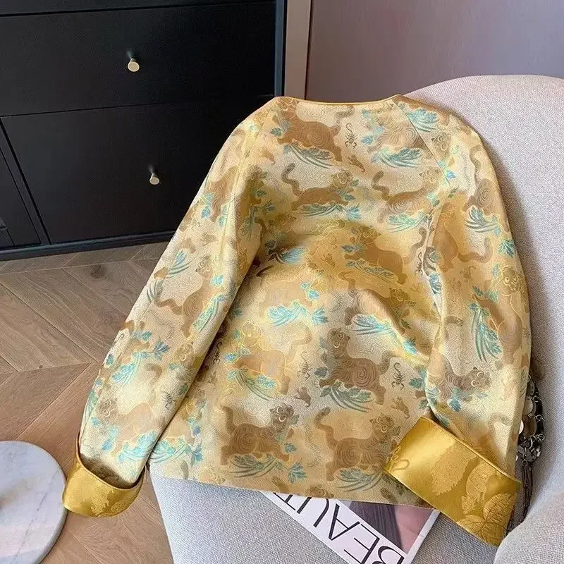 Желтый тигровый тотем жаккардовый костюм в китайском стиле топ куртки большого