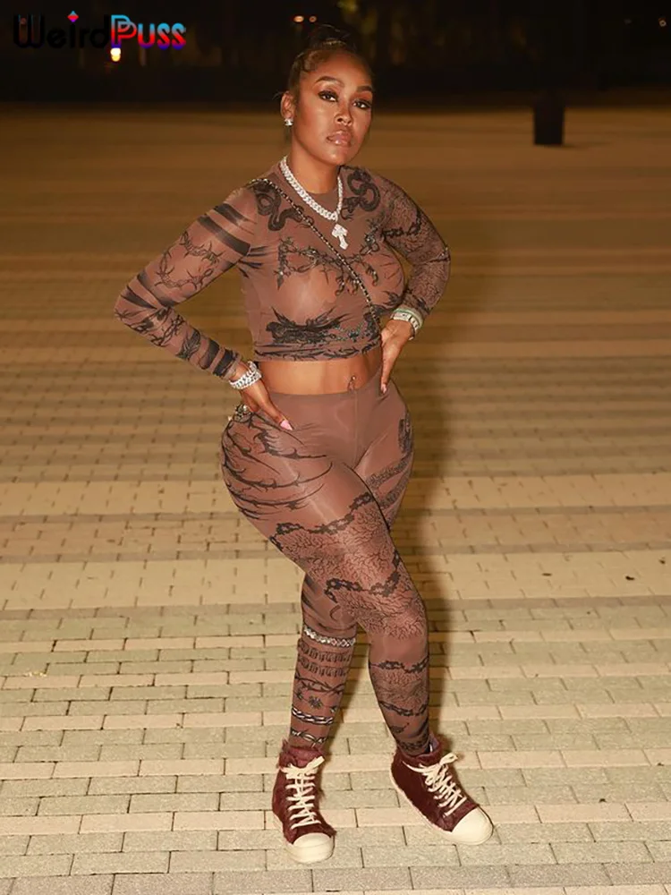 

Piece Set Hipster Crop Tops+Leggings Stretch Streetwear Matching Suit Dragon Print Sexy Women Tracksuit See Through 2