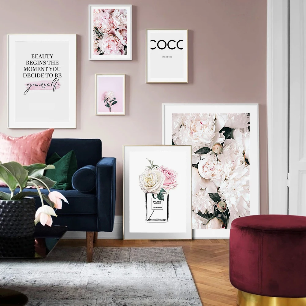 Модный постер с изображением розовых цветов и бутонов Современная Настенная