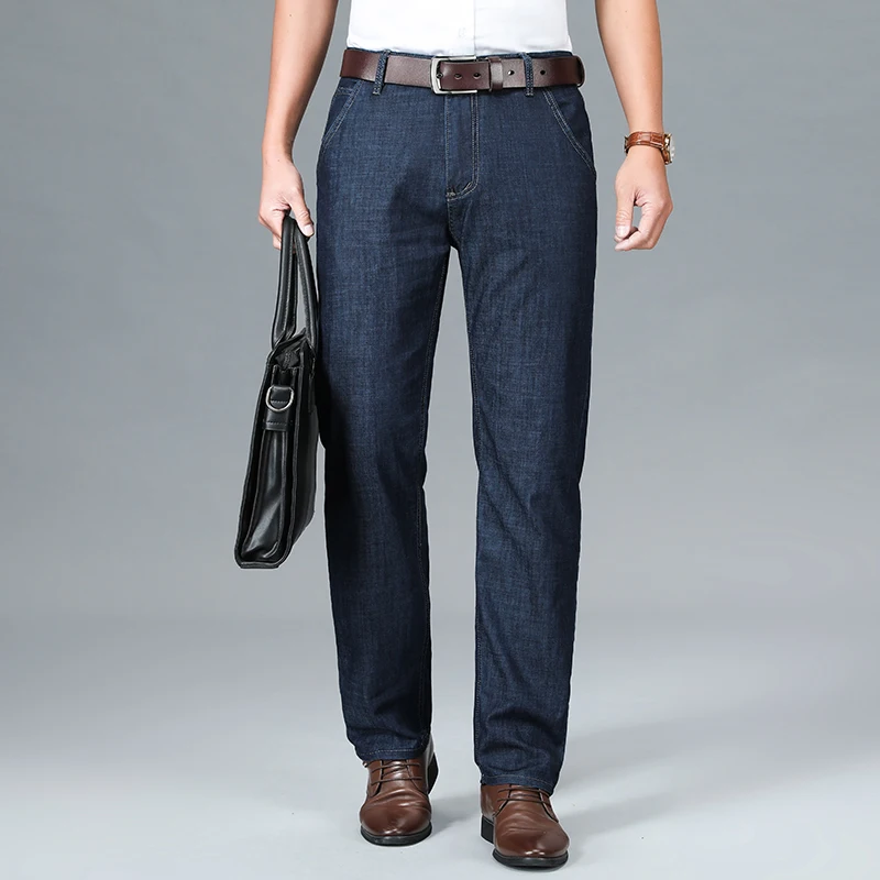 

Men's Stretch Relaxed Fit Flex Business Casual Classic Style Jeans 2022 Summer Thin Men's Elastic Blue Denim Casual Pants
