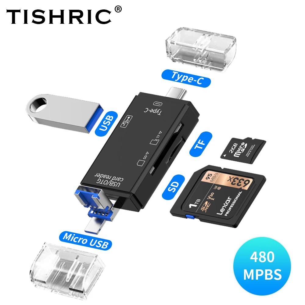 2022 TISHRIC Новый кардридер 6 в 1 TF SD OTG кардридер USB 3,0/micro USB Type-C для камеры ПК ноутбука телефона кардридера