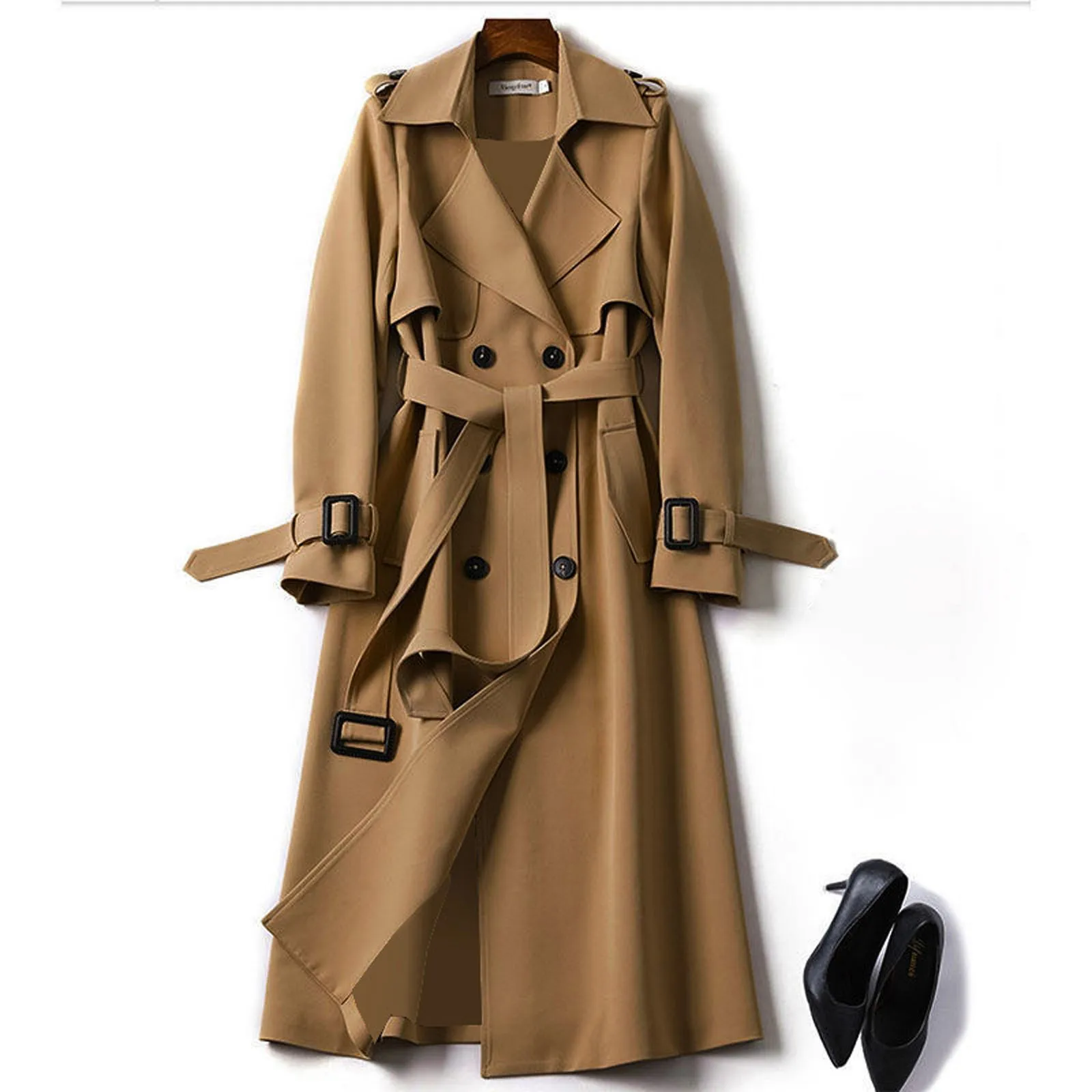 

Женский двубортный длинный Тренч, классическое пальто с отложным воротником и длинным рукавом, ветрозащитное пальто с поясом, уличная одежда на осень