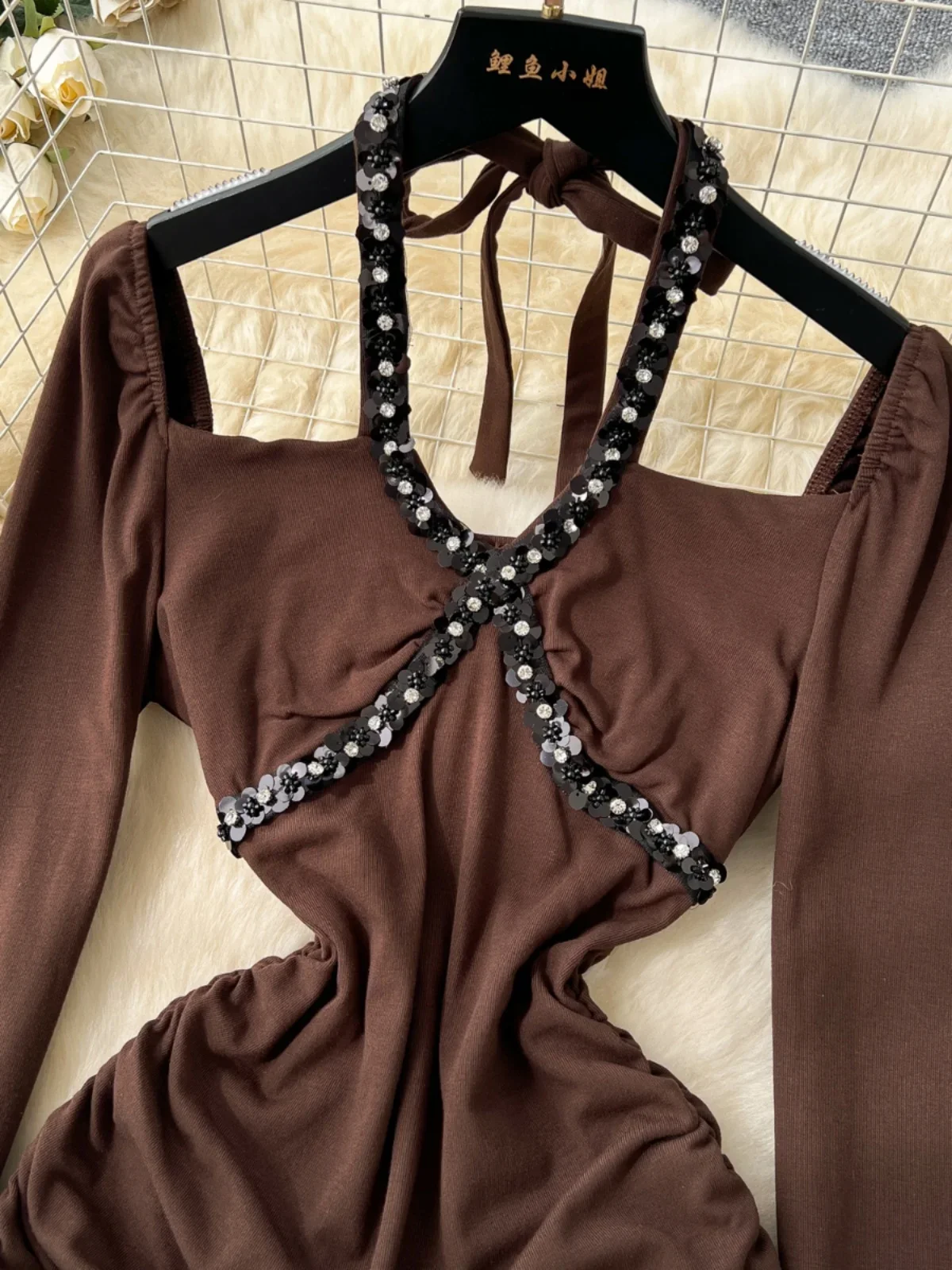 Foamlina Muse Fan Temperament Сексуальные платья с вырезом из бисера и блестками Женские