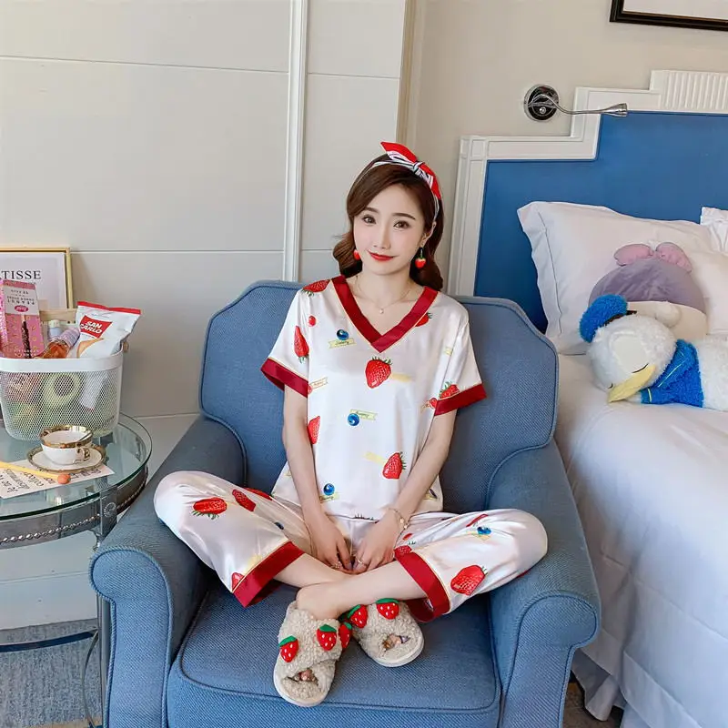 Summer and autumn pajamas women's stretch simulation silk short sleeve long pants V-neck cartoon cute casual ice silk loungewear