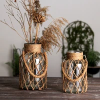 hand woven hemp rope glass transparent vase home decoration ornament floral creative hydroponic retro vase living room decors
