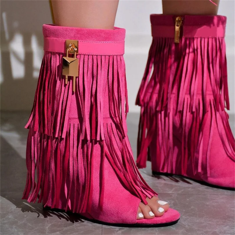 Denim Women Boots 2023 New Spring And Autumn Fashion Flow High Heel Tassel Boots Wedge Heel Splicing Fish Mouth Ankle Boots